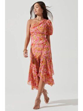 ASTR The Label Pink Multi Floral Santorini One Shoulder Midi Dress Size Medium